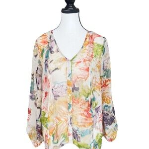 Pins And Needles Anthropologie Blouse Watercolor Sheer High Low Medium Roll Tab